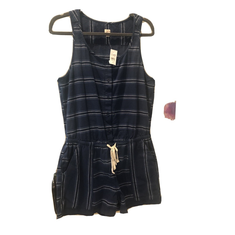 Loft Beach Nautical Blue Cotton Pocket Shorts Romper Striped Medium M NWT